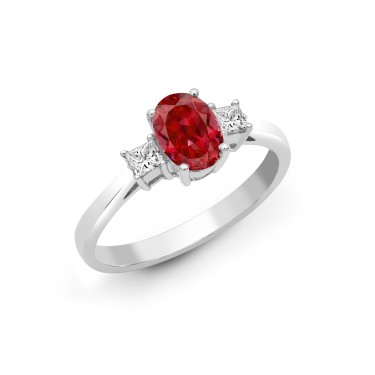 18ct White Gold Diamond And Ruby And 3 Stone Ring