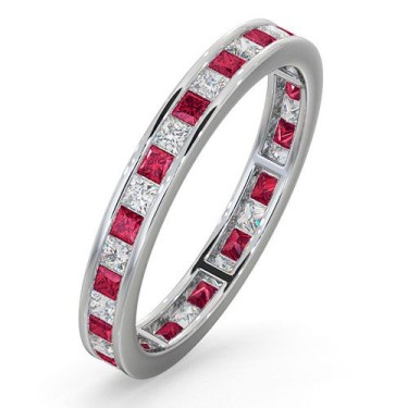 18ct White Gold Channel Set P.cut Full Eternity Ring Diamond 0.50ct Ruby 0.60ct H Si