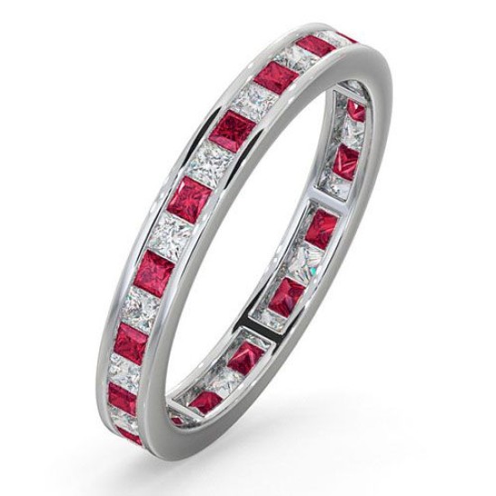 18ct White Gold Channel Set P.cut Full Eternity Ring Diamond 0.50ct Ruby 0.60ct H Si