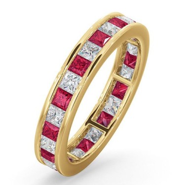 18ct Yellow Gold Channel Set Princess Cut Full Eternity Ring Diamond 1.00ct Ruby 1.25ct GVS
