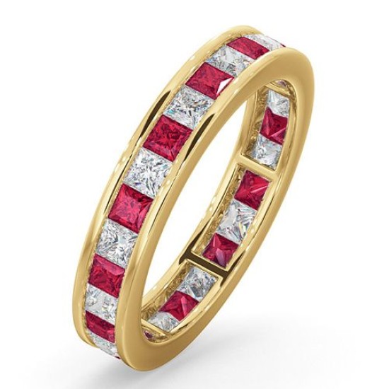 18ct Yellow Gold Channel Set Princess Cut Full Eternity Ring Diamond 1.00ct Ruby 1.25ct H Si
