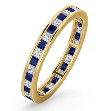 18ct Yellow Gold Channel Set Princess Cut Full Eternity Ring Diamond 0.50ct Saph 0.70ct H Si