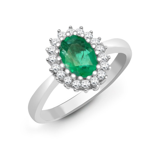 9ct White Gold Diamond And Emerald Ring