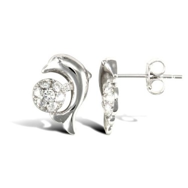 925 Sterling Silver CZ Dolphin Stud Earrings