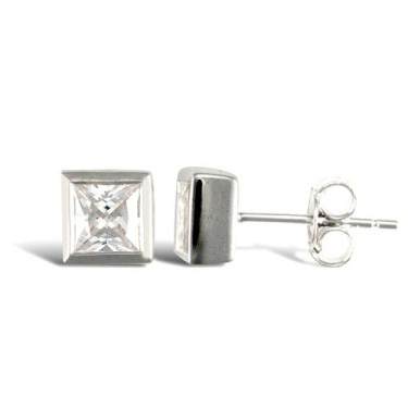 JN Jewellery 925 Silver Rub Over Cubic Zirconia Studs Square
