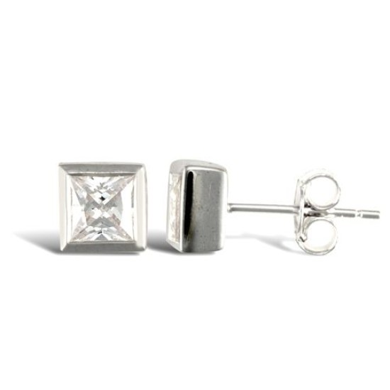 JN Jewellery 925 Silver Rub Over Cubic Zirconia Studs Square