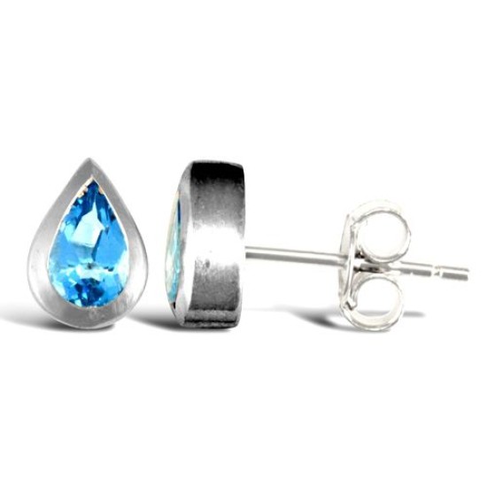 925 Sterling Silver Blue Topaz Tear Drop Shape Stud Earrings