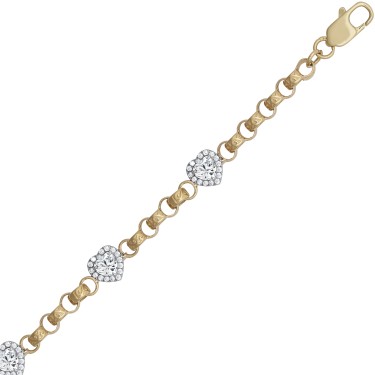 9ct Yellow Gold CZ Heart Cluster Belcher Bracelet