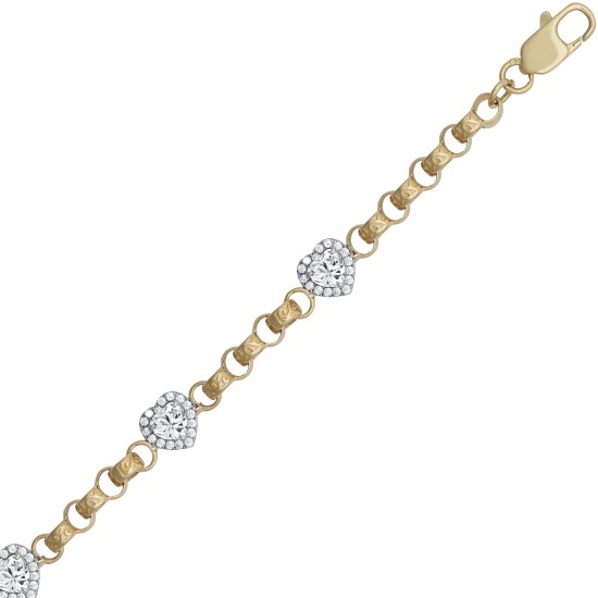 9ct Yellow Gold CZ Heart Cluster Belcher Bracelet