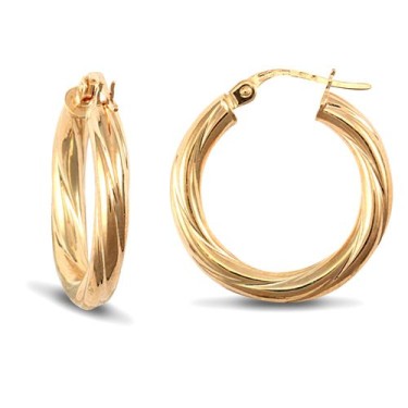 9ct Yellow Gold Twist Hoop Earrings - 3mm Tube