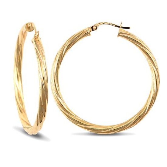 9ct Yellow Gold Twist Hoop Earrings - 3mm Tube