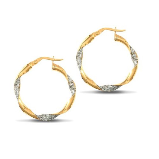 9ct Yellow And White Gold Plain And Frost Hoop Earrings