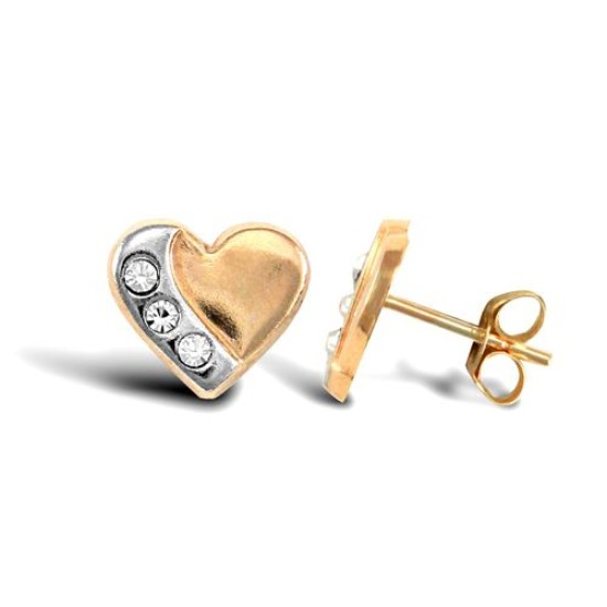 9ct 2 Colour CZ Set Heart Stud Earrings