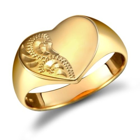9ct Yellow Gold Signet Ring Heart Half-Engraved