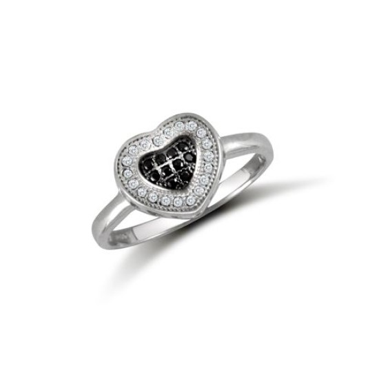 9ct White, Black & White CZ Heart Ring