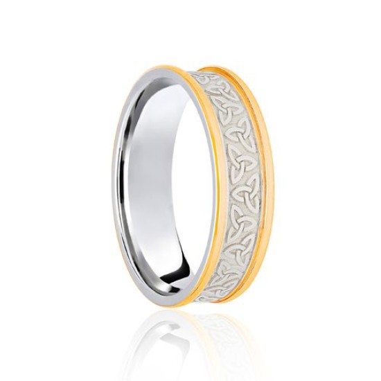 18ct White & Yellow Flat Court 7mm Celtic Laser Engraved Wedding Band