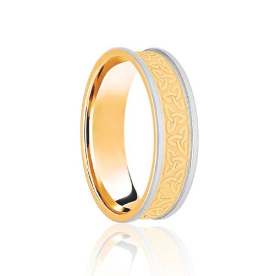 9ct Yellow & White Flat Court 8mm Celtic Laser Engraved Wedding Band