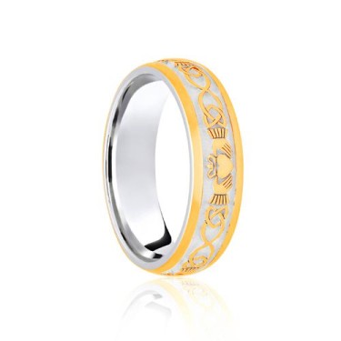 9ct White & Yellow Court 7mm Celtic Laser Engraved Wedding Band 7mm