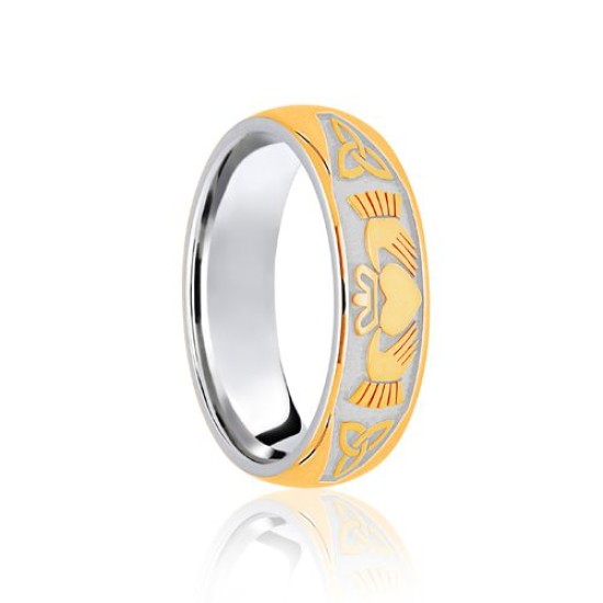 18ct White & Yellow Celtic Half Engraved Wedding Band 7mm