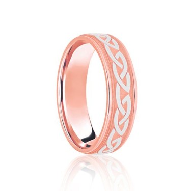 18ct Rose & White Flat Court 5mm Celtic Laser Engraved Wedding Band 5mm