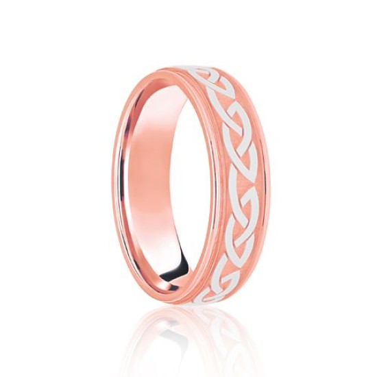 18ct Rose & White Flat Court 8mm Celtic Laser Engraved Wedding Band