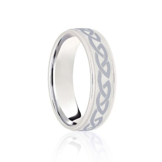 18ct White Flat Court 7mm Celtic Laser Engraved Wedding Band