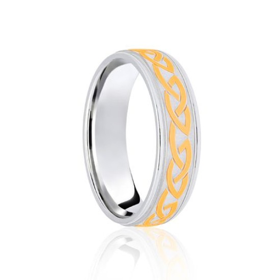9ct White & Yellow Flat Court 6mm Celtic Laser Engraved Wedding Band