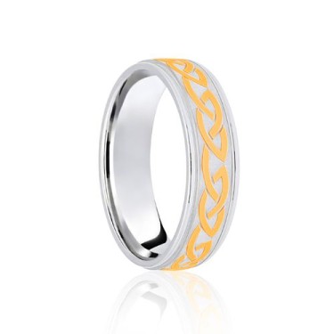 9ct White & Yellow Flat Court 8mm Celtic Laser Engraved Wedding Band 8mm