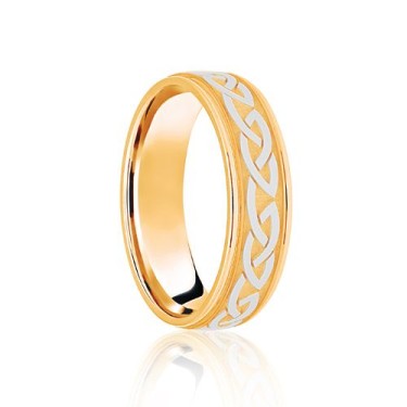18ct Yellow & White Flat Court 5mm Celtic Laser Engraved Wedding Band 5mm