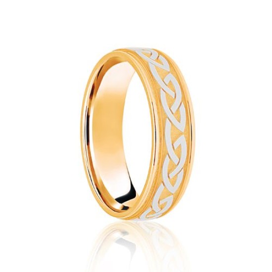 9ct Yellow & White Flat Court 6mm Celtic Laser Engraved Wedding Band