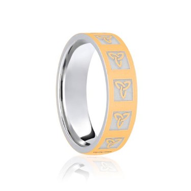18ct White & Yellow Flat Court 5mm Celtic Laser Engraved Wedding Band 5mm