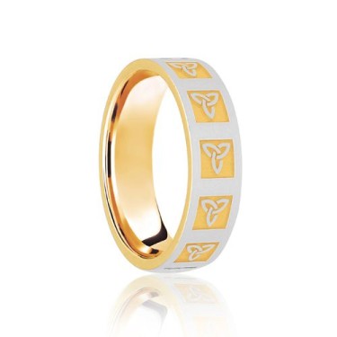 18ct Yellow & White Flat Court 6mm Celtic Laser Engraved Wedding Band 6mm