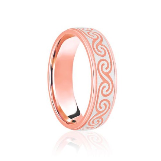 18ct Rose & White Flat Court 8mm Celtic Laser Engraved Wedding Band