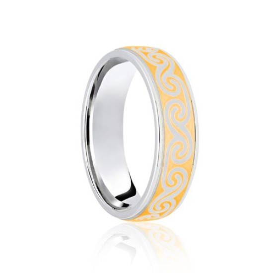 18ct White & Yellow Flat Court 7mm Celtic Laser Engraved Wedding Band
