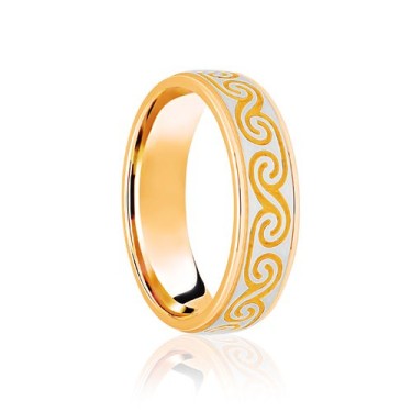 18ct Yellow & White Flat Court 6mm Celtic Laser Engraved Wedding Band 6mm