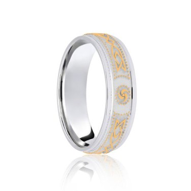 18ct White & Yellow Flat Court 5mm Celtic Laser Engraved Wedding Band 5mm