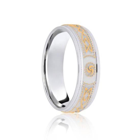 9ct White & Yellow Flat Court 6mm Celtic Laser Engraved Wedding Band