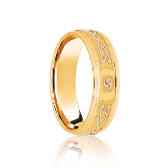 18ct Yellow & White Flat Court 5mm Celtic Laser Engraved Wedding Band