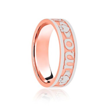 18ct Rose & White Flat Court 6mm Celtic Laser Engraved Wedding Band 6mm