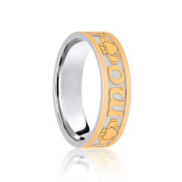 18ct White & Yellow Flat Court 6mm Celtic Laser Engraved Wedding Band 6mm