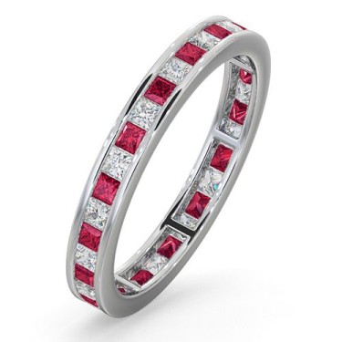 Platinum Channel Set Princess Cut Full Eternity Ring Diamond 0.50ct Ruby 0.60ct H Si