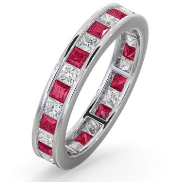 Platinum Channel Set Princess Cut Full Eternity Ring Diamond 1.00ct Ruby 1.25ct H Si