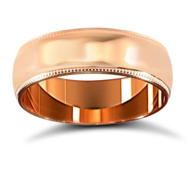 18ct Rose Gold Standard Weight D-Shape Profile Mill Grain Wedding Ring 6mm