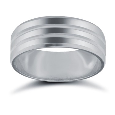 18ct White Gold Standard Weight Flat Court Profile Double Groove Wedding Ring 7mm