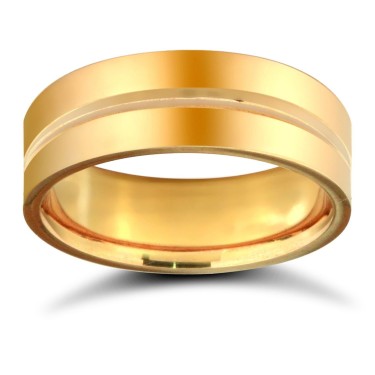 18ct Yellow Gold Standard Weight Flat Court Profile Centre Groove Wedding Ring 7mm