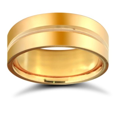 18ct Yellow Gold Standard Weight Flat Court Profile Centre Groove Wedding Ring 8mm