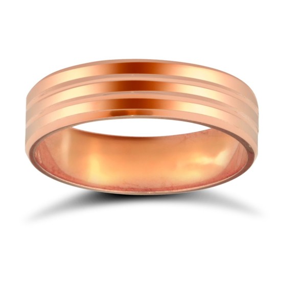 9ct Rose Gold Standard Weight Flat Court Profile Double Groove Wedding Ring