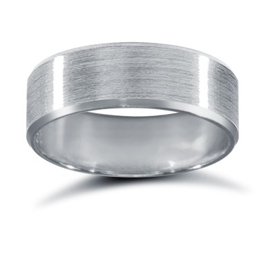 9ct White Gold Standard Weight Flat Court Profile Satin and Bevelled Edge Wedding Ring 6mm