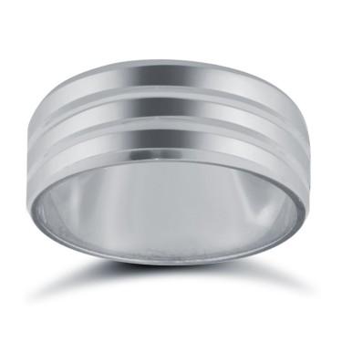 18ct White Gold Standard Weight Flat Profile Double Groove Wedding Ring 8mm