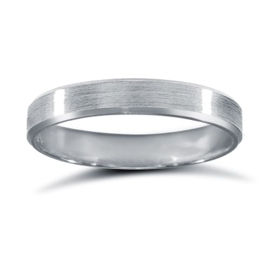 9ct White Gold Standard Weight Flat Profile Satin and Bevelled Edge Wedding Ring 3mm